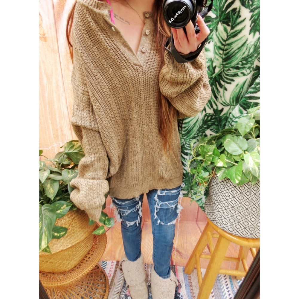 Vintage mocha brown chunky henley knit sweater ☕️ - Picture 2 of 8